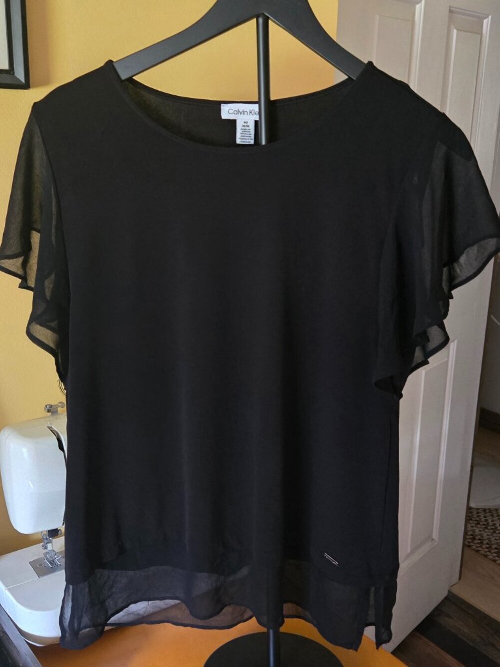 Calvin Klein Black Sheer Blouse – Size M – Flutter Sleeve Lightweight Top